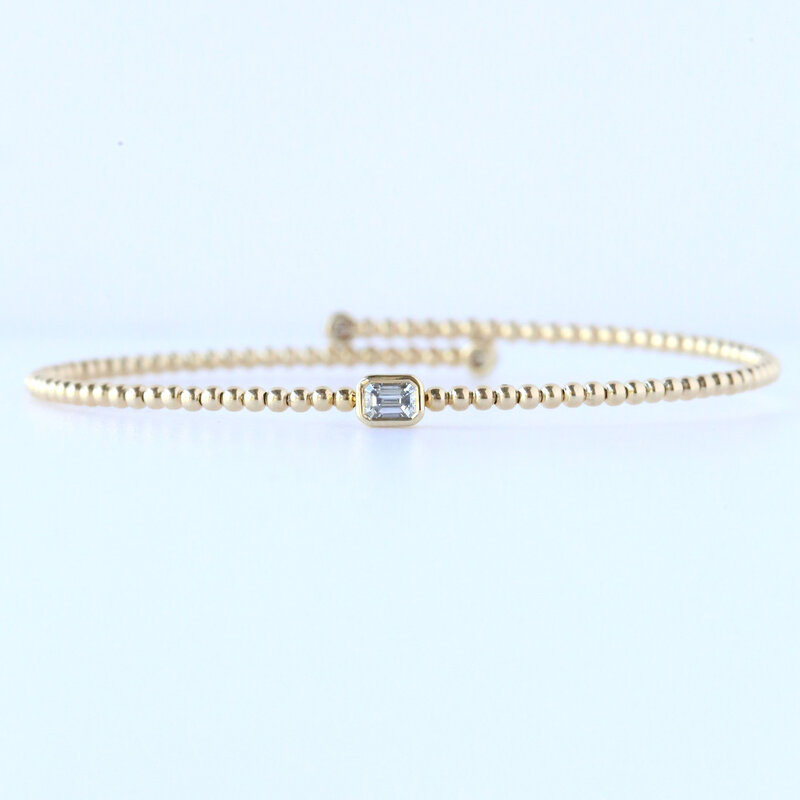 14k Yellow Gold .25ct Emerald and Round Bezel Beaded Flexible Bangle Bracelet