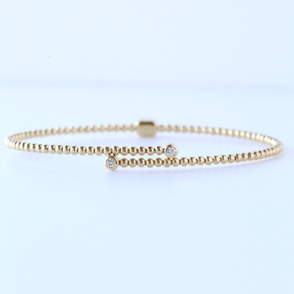 14k Yellow Gold .25ct Emerald and Round Bezel Beaded Flexible Bangle Bracelet