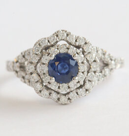 American Jewelry 14k White Gold .70ct Sapphire .60ctw Diamond Double Halo Split Shank Ring