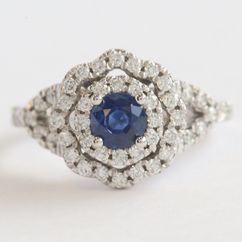 American Jewelry 14k White Gold .70ct Sapphire .60ctw Diamond Double Halo Split Shank Ring