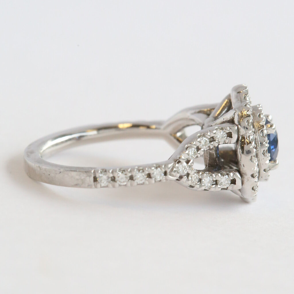 American Jewelry 14k White Gold .70ct Sapphire .60ctw Diamond Double Halo Split Shank Ring