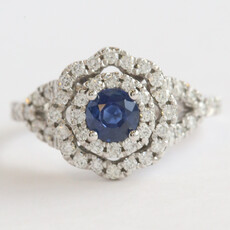 American Jewelry 14k White Gold .70ct Sapphire .60ctw Diamond Double Halo Split Shank Ring