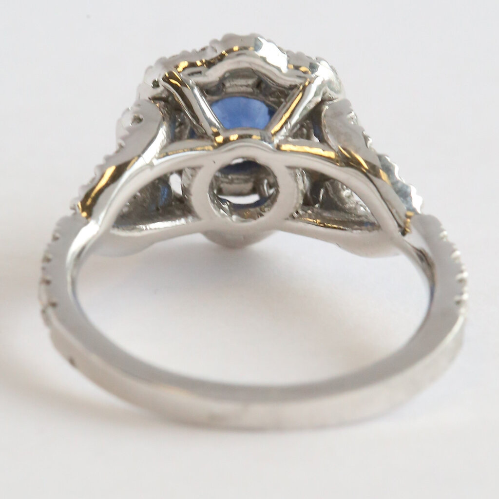 American Jewelry 14k White Gold .70ct Sapphire .60ctw Diamond Double Halo Split Shank Ring