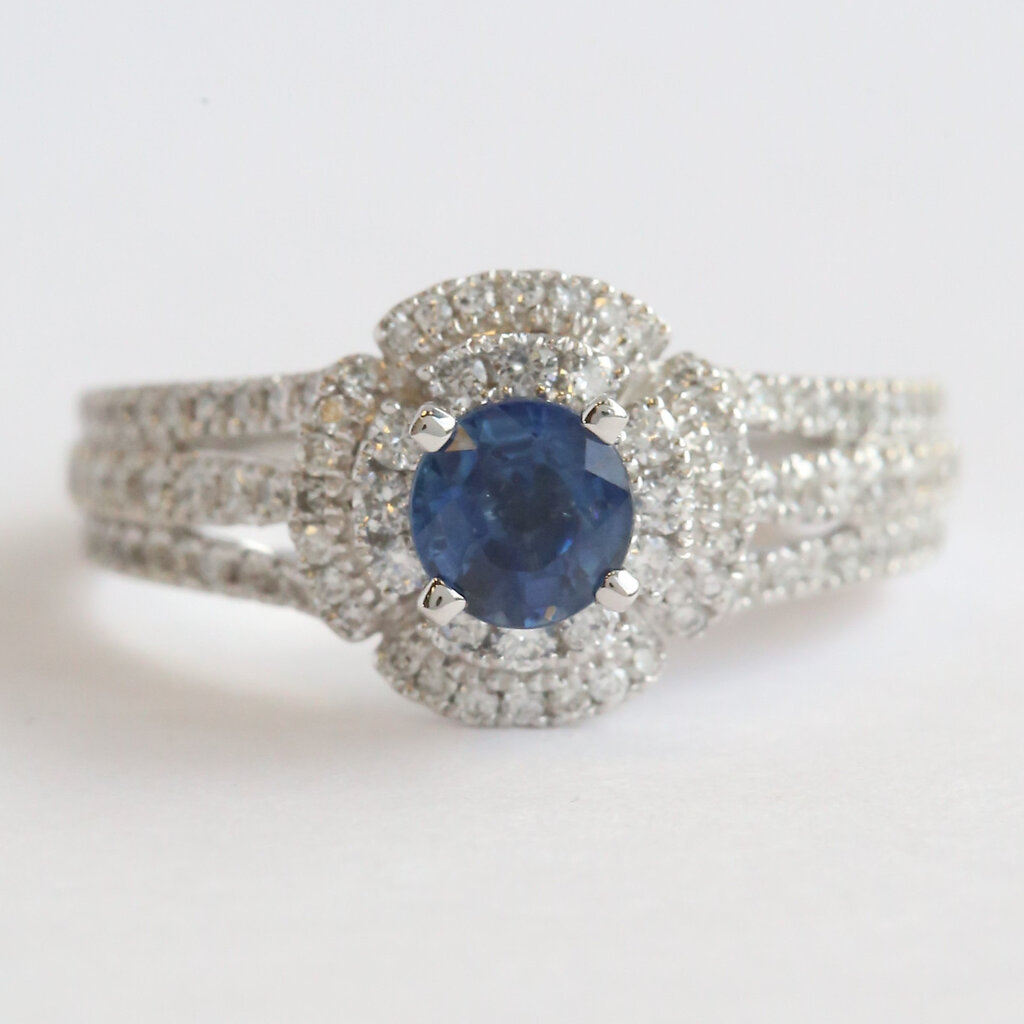 American Jewelry 14k White Gold .80ct Sapphire .61ctw Diamond Double Halo Split Shank Ring