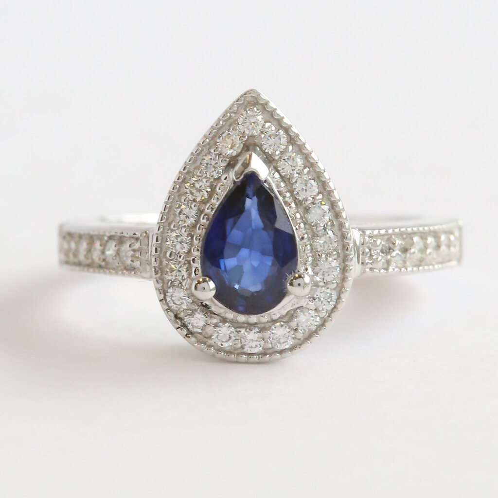 American Jewelry 14k White Gold .86ct Sapphire .37ctw Diamond Milgrain Pear Halo Ring