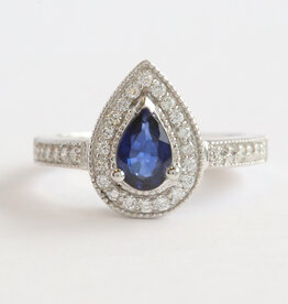 American Jewelry 14k White Gold .86ct Sapphire .37ctw Diamond Milgrain Pear Halo Ring