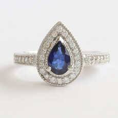 American Jewelry 14k White Gold .86ct Sapphire .37ctw Diamond Milgrain Pear Halo Ring