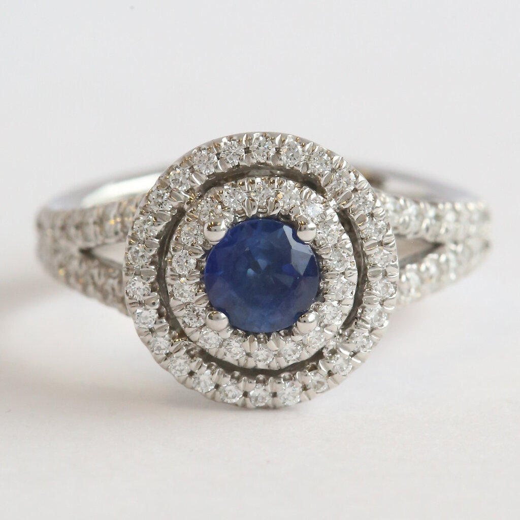 American Jewelry 14k White Gold .65ct Sapphire .60ctw Diamond Double Halo Split Shank Ring