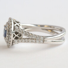 American Jewelry 14k White Gold .65ct Sapphire .60ctw Diamond Double Halo Split Shank Ring