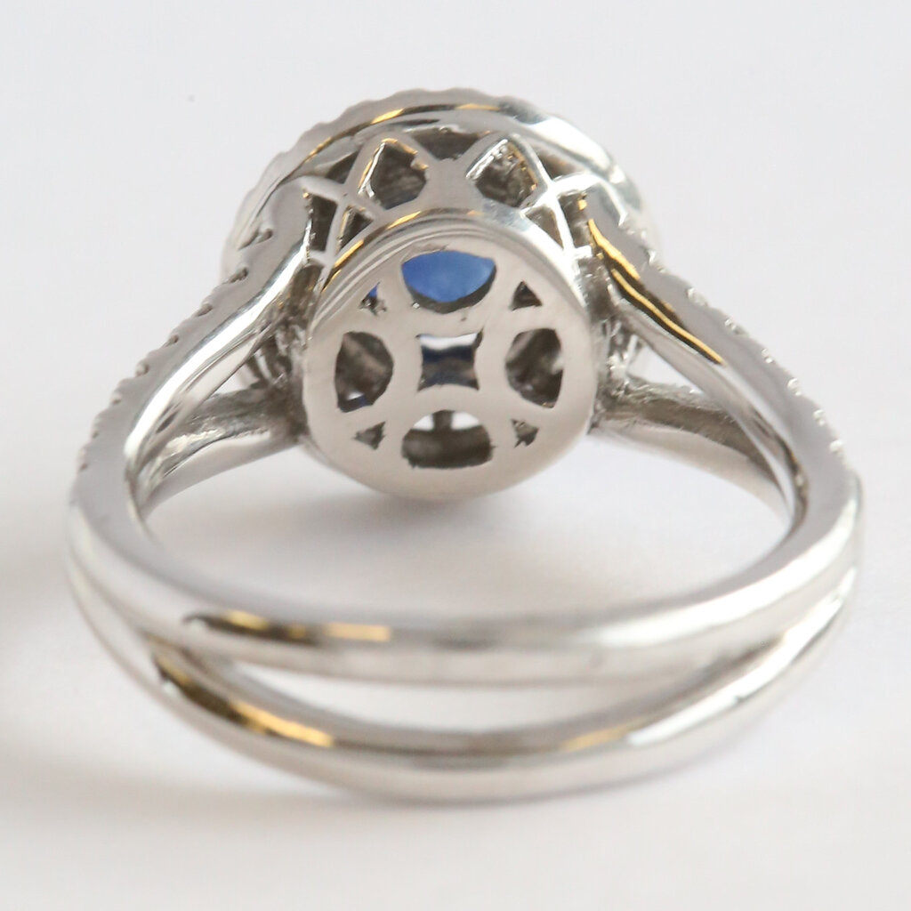 American Jewelry 14k White Gold .65ct Sapphire .60ctw Diamond Double Halo Split Shank Ring