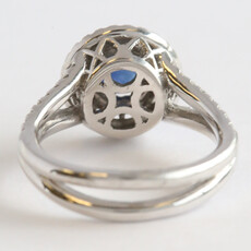 American Jewelry 14k White Gold .65ct Sapphire .60ctw Diamond Double Halo Split Shank Ring