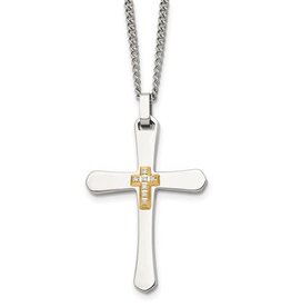 Chisel Mens Stainless Steel w/ 14k Gold Accent 1/5ctw Diamond Cross Necklace (22")