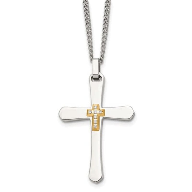 Chisel Mens Stainless Steel w/ 14k Gold Accent 1/5ctw Diamond Cross Necklace (22")