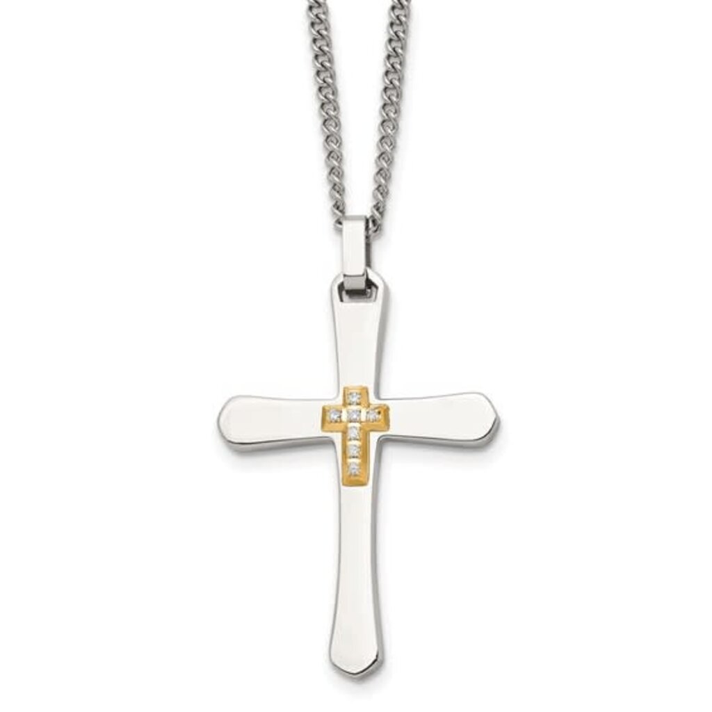 Chisel Mens Stainless Steel w/ 14k Gold Accent 1/5ctw Diamond Cross Necklace (22")