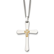 Chisel Mens Stainless Steel w/ 14k Gold Accent 1/5ctw Diamond Cross Necklace (22")