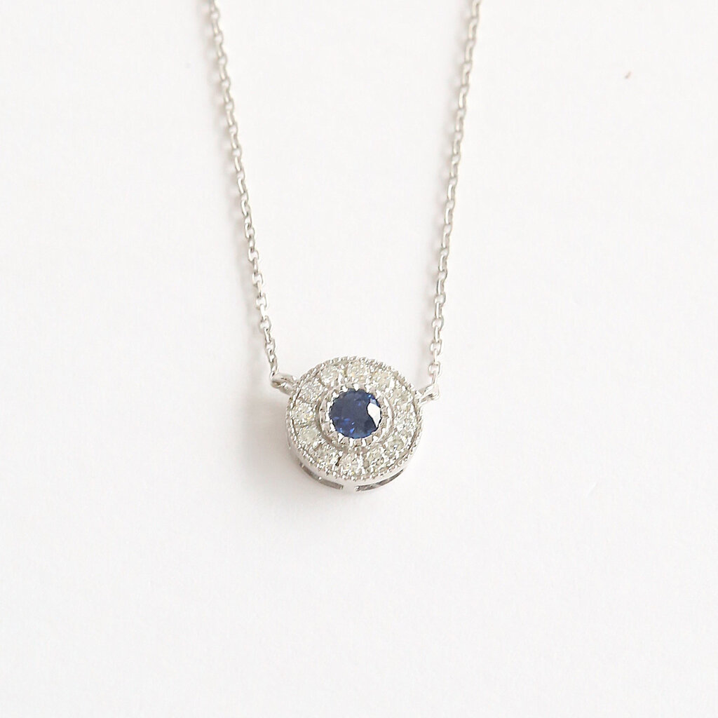 American Jewelry 14k White Gold .13ctw Sapphire .15ctw Diamond Milgrain Halo Necklace