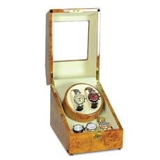 American Jewelry Steinhausen High Gloss Heritage Burlwood Finish Leatherette Lined Locking 2-Watch Winder w/ 3-Watch Storage (AC or Batteries)