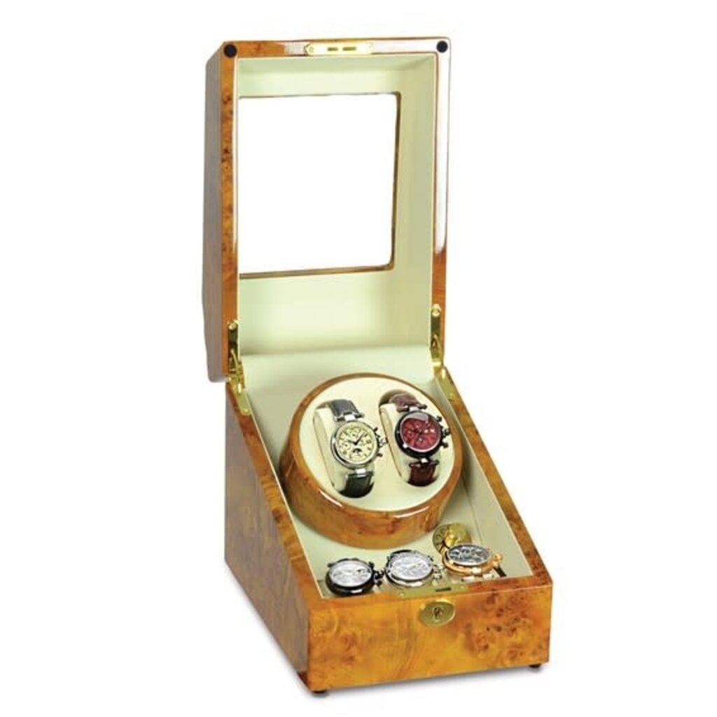 American Jewelry Steinhausen High Gloss Heritage Burlwood Finish Leatherette Lined Locking 2-Watch Winder w/ 3-Watch Storage (AC or Batteries)