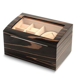 American Jewelry High Gloss Lacquered Ebony Burl Finish Wooden w/ Glass Lid Velour Lined 2-Watch Winder w/ 4-Watch Storage Case (AC Powered)