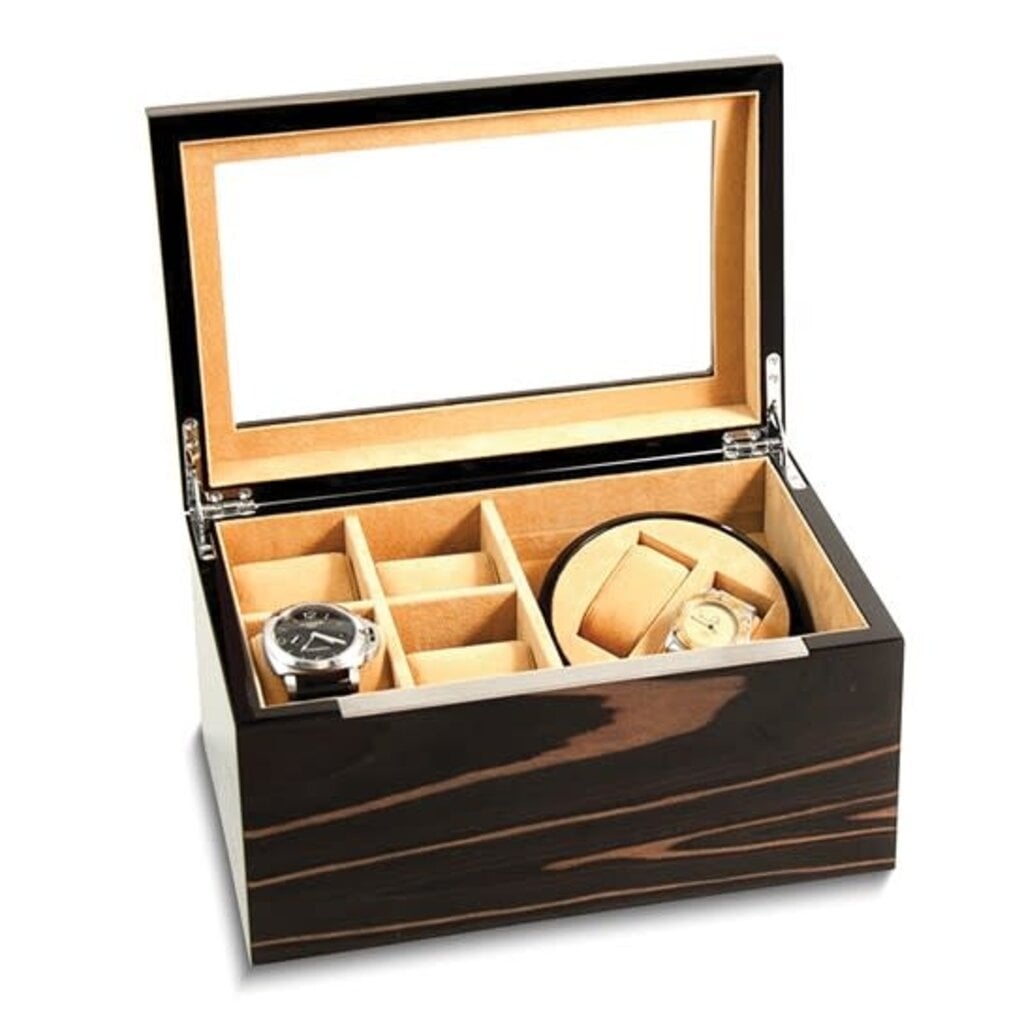 American Jewelry High Gloss Lacquered Ebony Burl Finish Wooden w/ Glass Lid Velour Lined 2-Watch Winder w/ 4-Watch Storage Case (AC Powered)