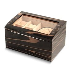 American Jewelry High Gloss Lacquered Ebony Burl Finish Wooden w/ Glass Lid Velour Lined 2-Watch Winder w/ 4-Watch Storage Case (AC Powered)