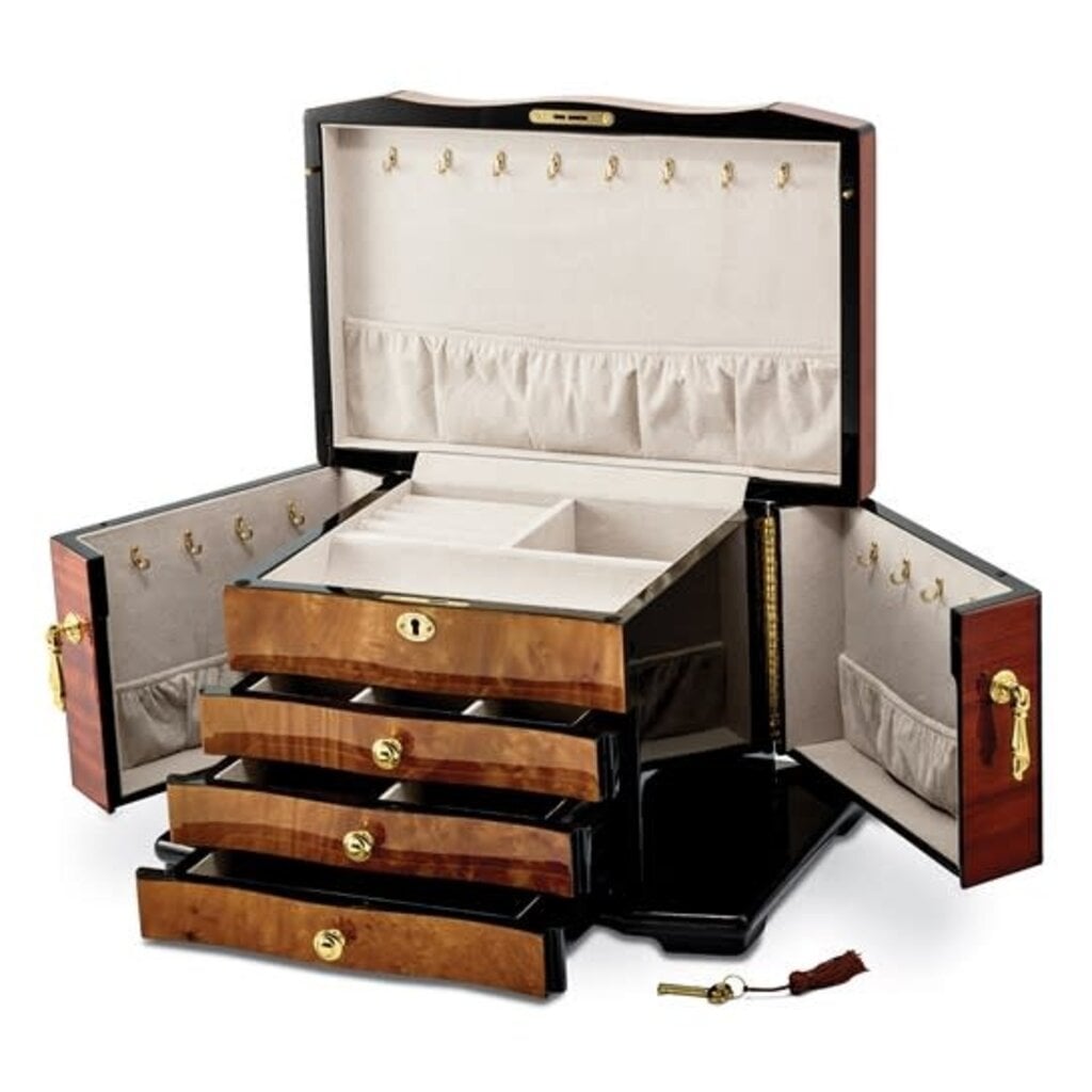 American Jewelry High Gloss Bubinga Veneer w/ Elm Burl Inlay 3-drawer w/ Swing Out Sides Locking Wooden Jewelry Box