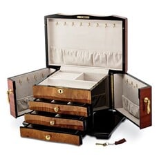 American Jewelry High Gloss Bubinga Veneer w/ Elm Burl Inlay 3-drawer w/ Swing Out Sides Locking Wooden Jewelry Box