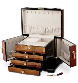American Jewelry High Gloss Bubinga Veneer w/ Elm Burl Inlay 3-drawer w/ Swing Out Sides Locking Wooden Jewelry Box