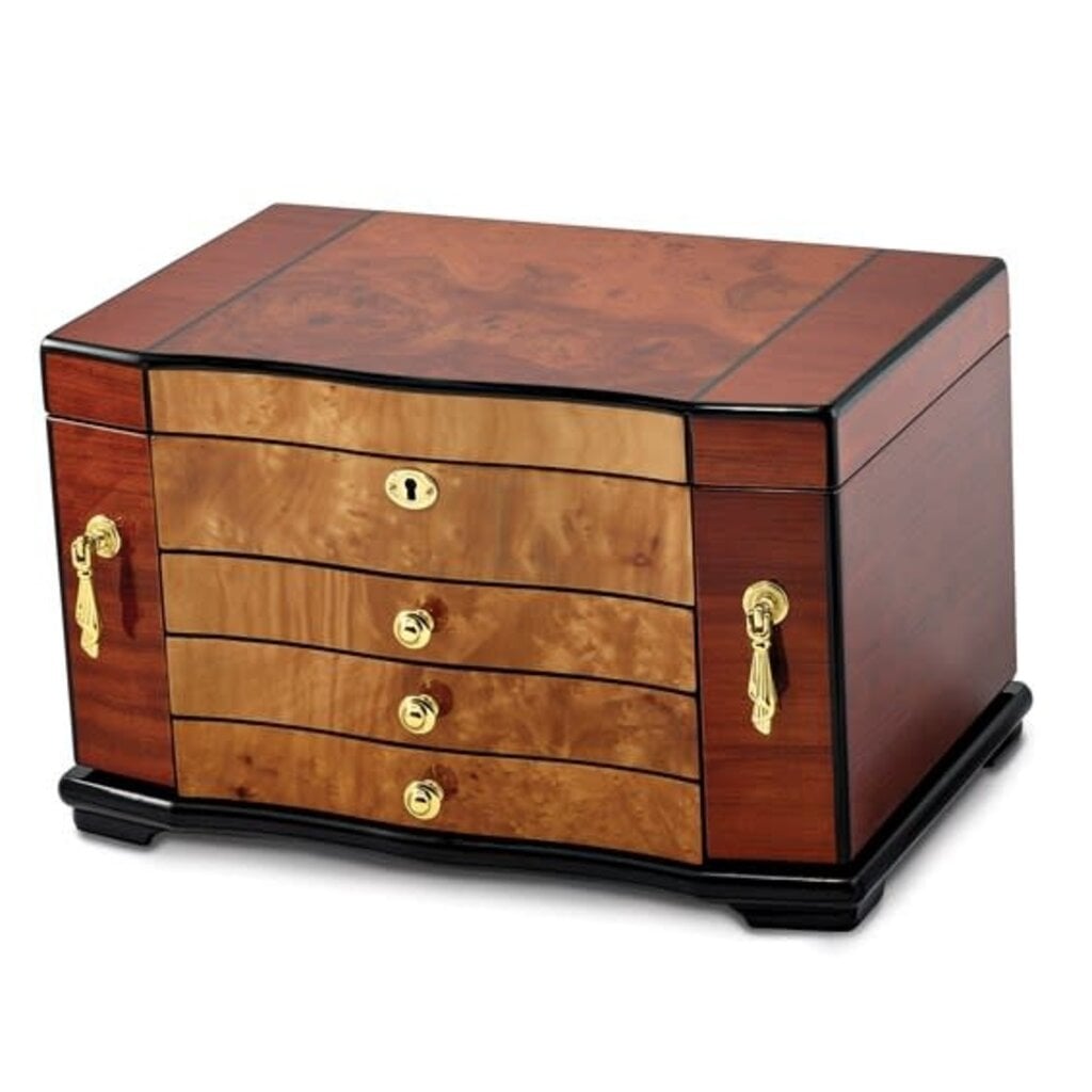 American Jewelry High Gloss Bubinga Veneer w/ Elm Burl Inlay 3-drawer w/ Swing Out Sides Locking Wooden Jewelry Box