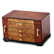 American Jewelry High Gloss Bubinga Veneer w/ Elm Burl Inlay 3-drawer w/ Swing Out Sides Locking Wooden Jewelry Box