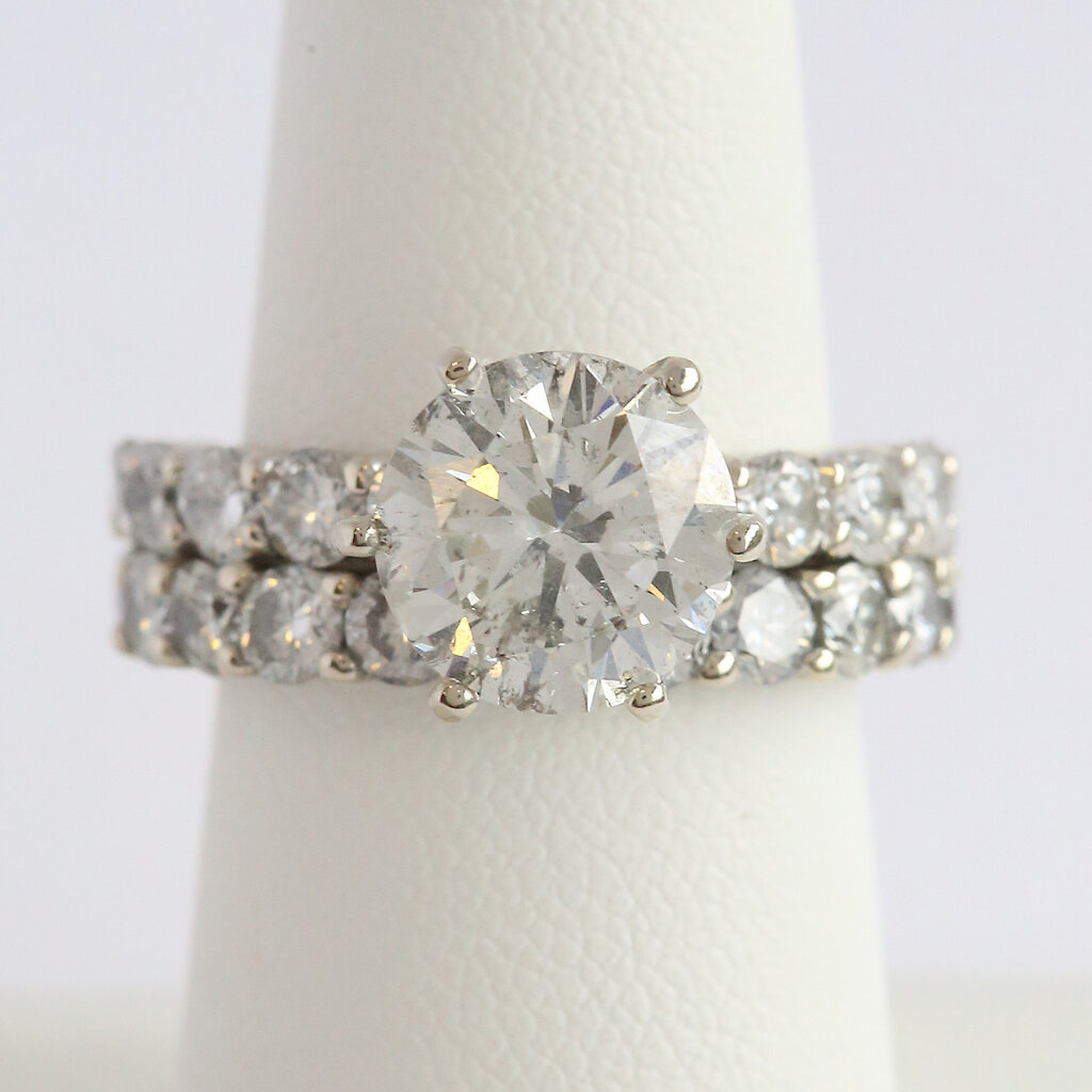 American Jewelry ESTATE 14k White Gold 5.84ctw (3.34 K/I1 Ctr, 1ctw Band) Round Brilliant Solitaire Engagement Ring and Wedding Band Set