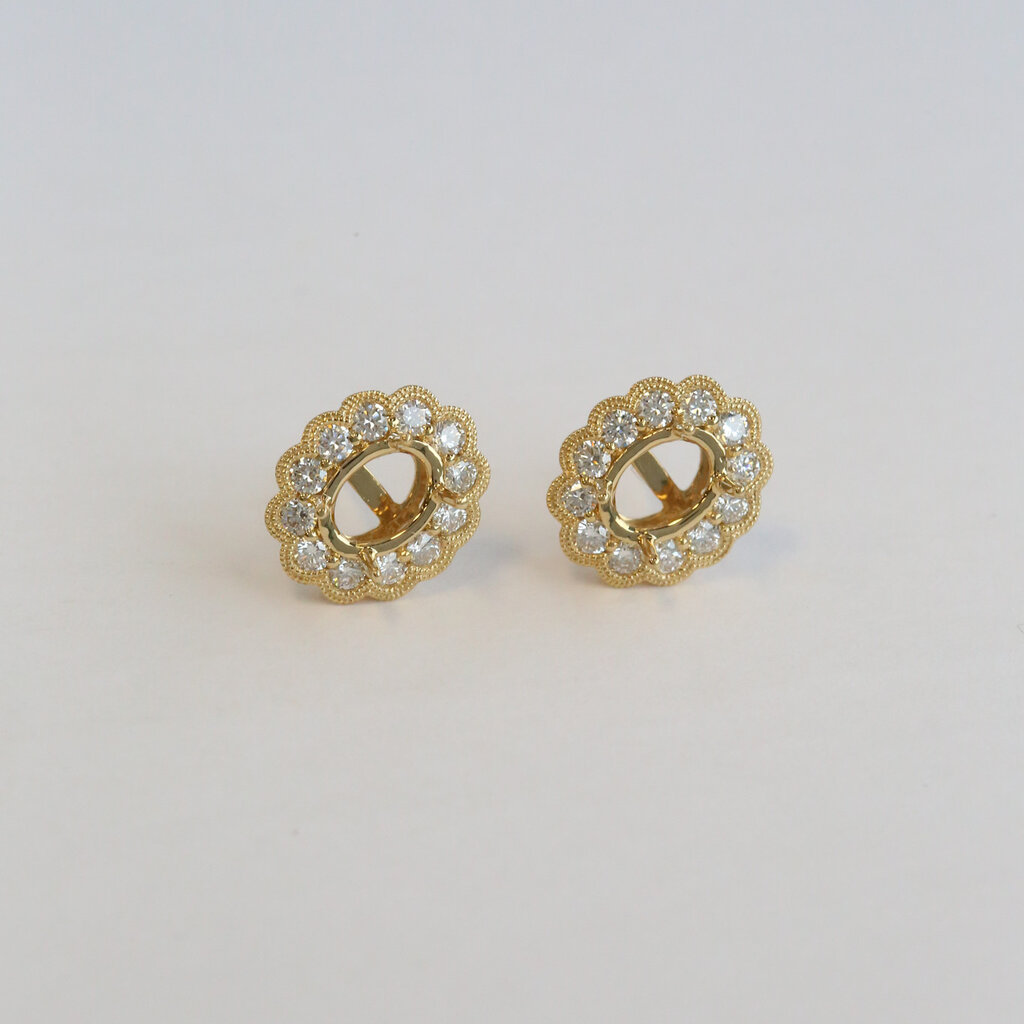 American Jewelry 18k Yellow Gold 3/4ctw Diamond Oval Milgrain Halo Semi Mount Stud Earrings
