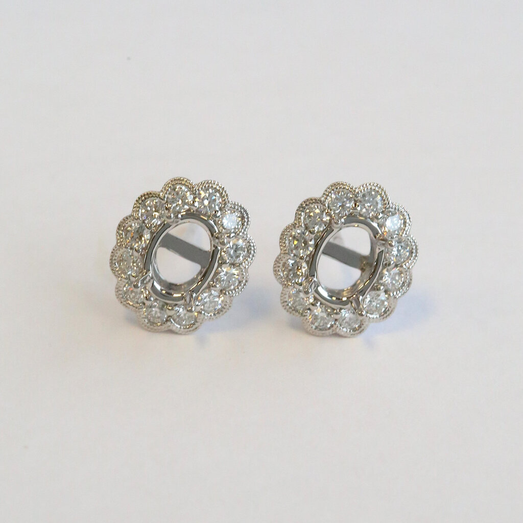 American Jewelry 18k White Gold 3/4ctw Diamond Milgrain Oval Halo Semi Mount Stud Earrings