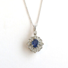 American Jewelry 14k White Gold 1.24ct Sapphire .52ctw Diamond Oval Halo Necklace