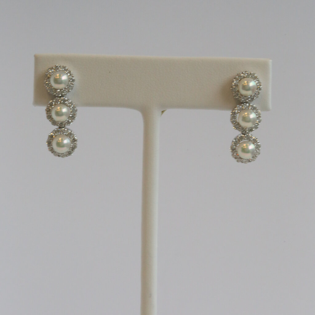 American Jewelry 18k White Gold 5-5.5mm Akoya Pearl 1.5ctw Diamond Triple Halo Dangle Earrings