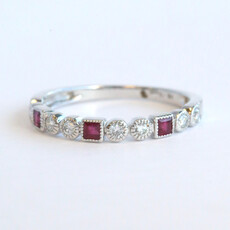 American Jewelry 14k White Gold .27ctw Ruby .22ctw Diamond Milgrain Princess & Round Wedding Band