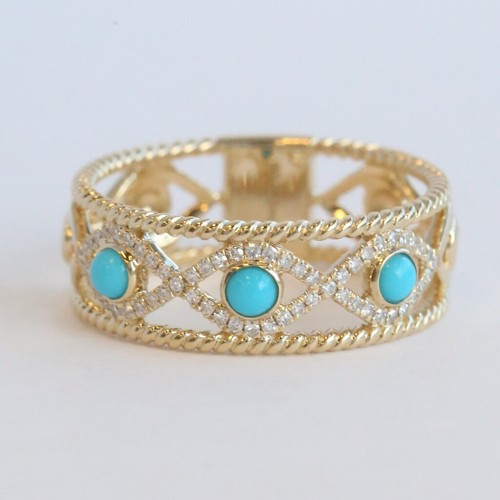 American Jewelry 14k Yellow Gold .17ctw Turquoise .13ctw Diamond Openwork Design Ring