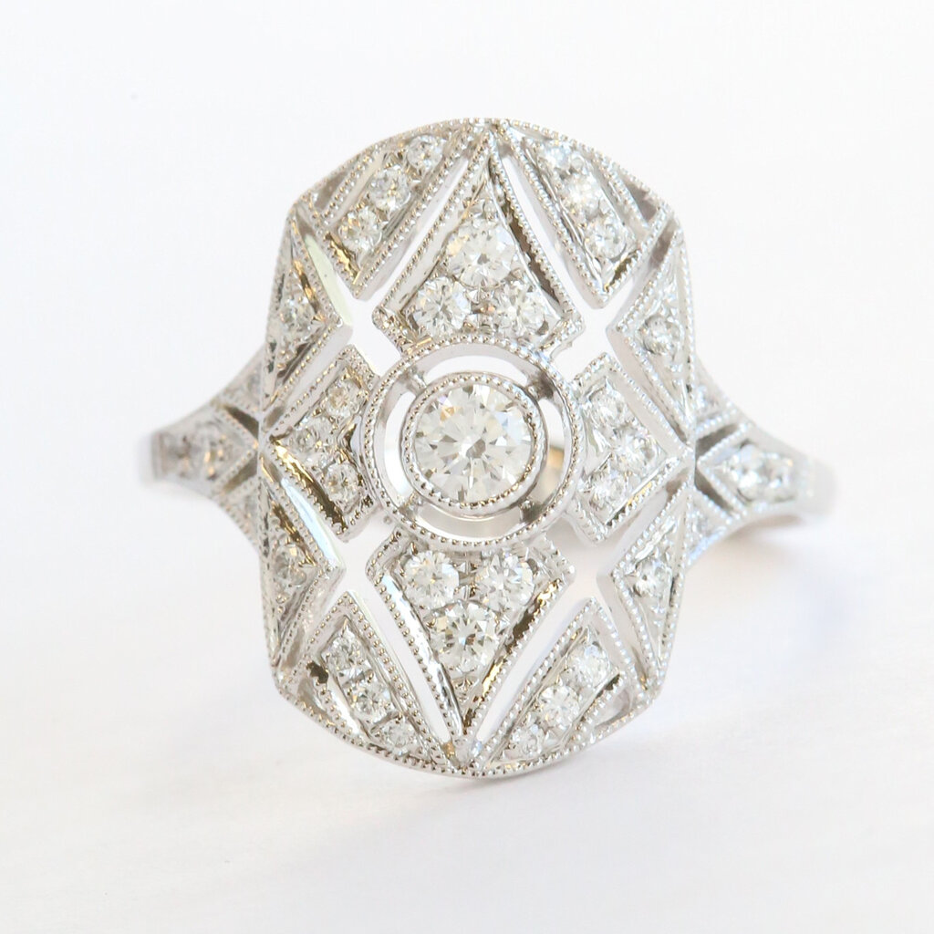 American Jewelry 14k White Gold .45ctw Diamond Milgrain Openwork Vintage Style Ring