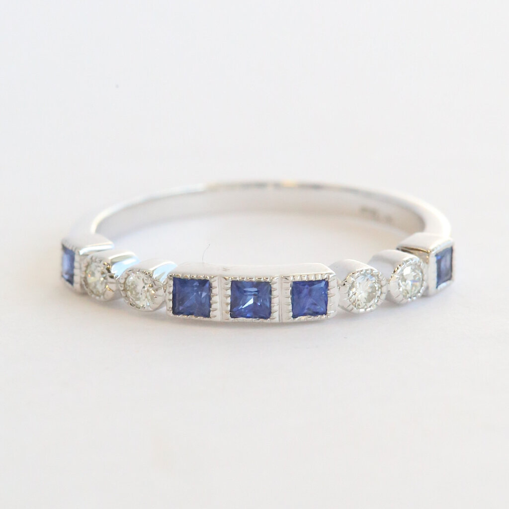 American Jewelry 14k White Gold .46ctw Sapphire .13ctw Diamond Princess & Round Cut Milgrain Stackable Band