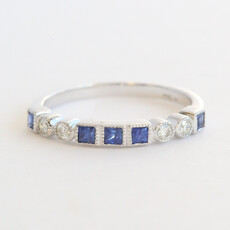 American Jewelry 14k White Gold .46ctw Sapphire .13ctw Diamond Princess & Round Cut Milgrain Stackable Band