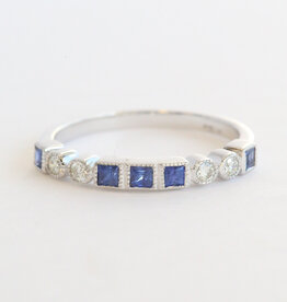 American Jewelry 14k White Gold .46ctw Sapphire .13ctw Diamond Princess & Round Cut Milgrain Stackable Band