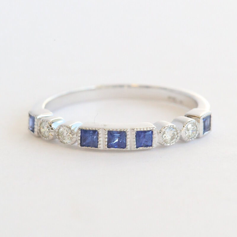 American Jewelry 14k White Gold .46ctw Sapphire .13ctw Diamond Princess & Round Cut Milgrain Stackable Band