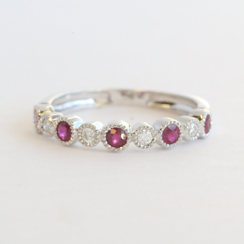 American Jewelry 14k White Gold .45ctw Ruby .11ctw Diamond MIlgrain Bubble Bezel Stackable Band