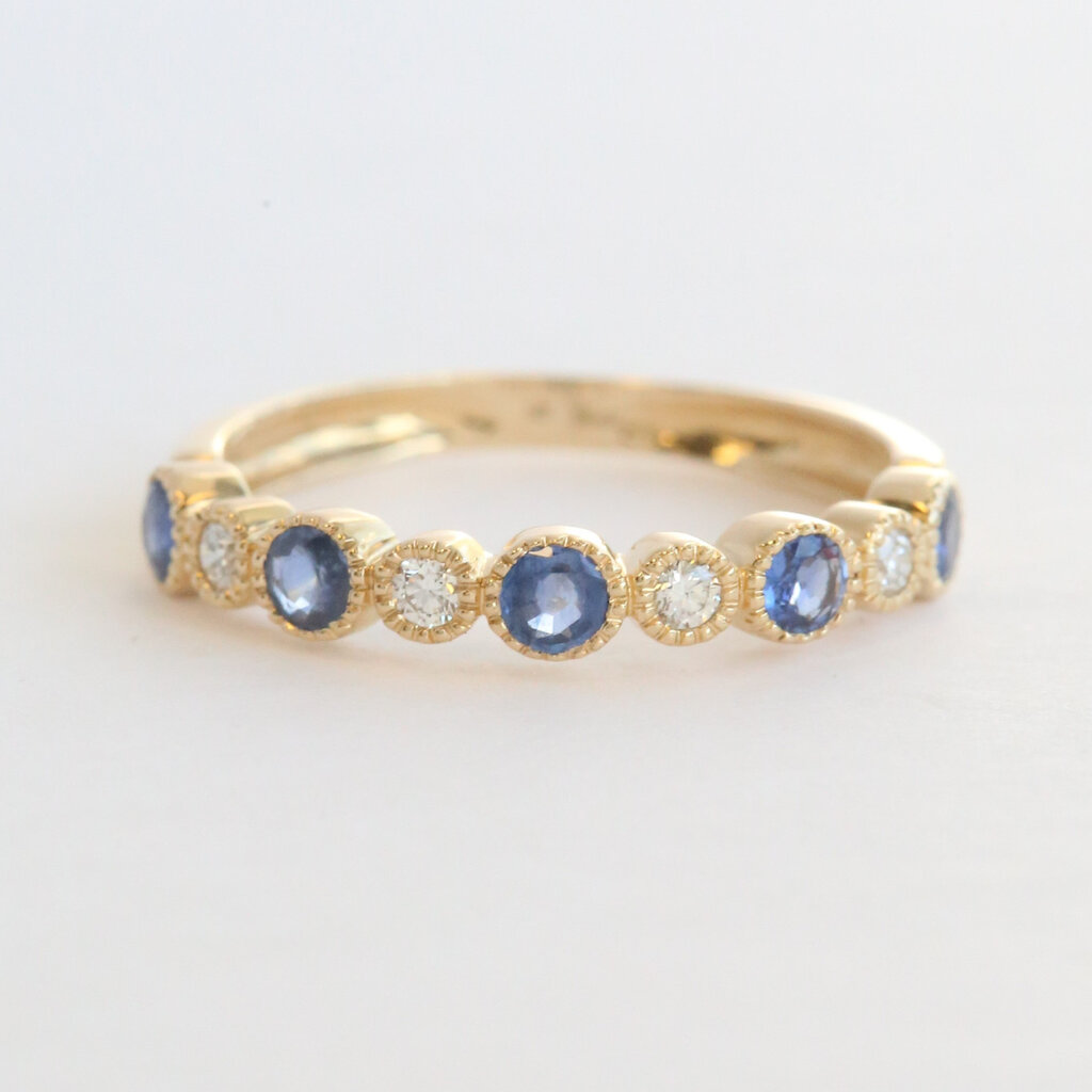 American Jewelry 14k Yellow Gold .45ctw Sapphire .11ctw Diamond Bubble Bezel Milgrain Stackable Band