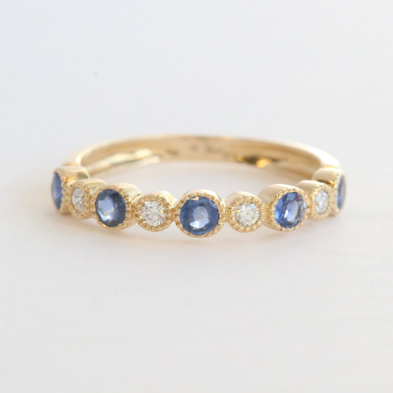 American Jewelry 14k Yellow Gold .45ctw Sapphire .11ctw Diamond Bubble Bezel Milgrain Stackable Band