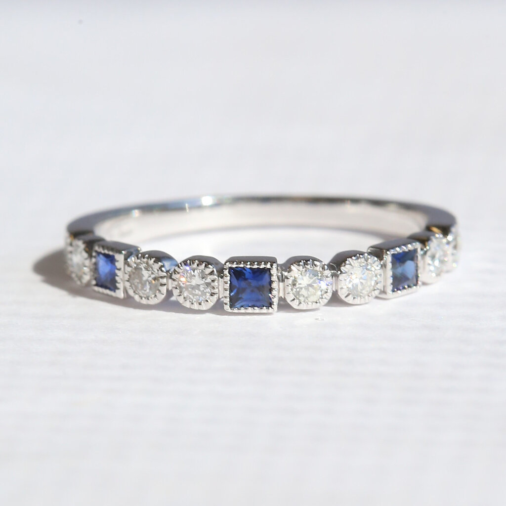 American Jewelry 14k White Gold .22ctw Diamond .27ctw Sapphire Princess & Round Milgrain Bezel Stackable Band