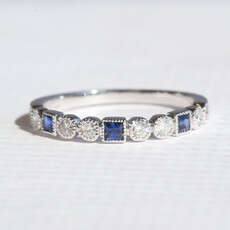 American Jewelry 14k White Gold .22ctw Diamond .27ctw Sapphire Princess & Round Milgrain Bezel Stackable Band