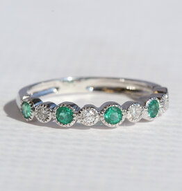 American Jewelry 14k White Gold .38ctw Emerald .11ctw Diamond Bezel Milgrain Wedding Band