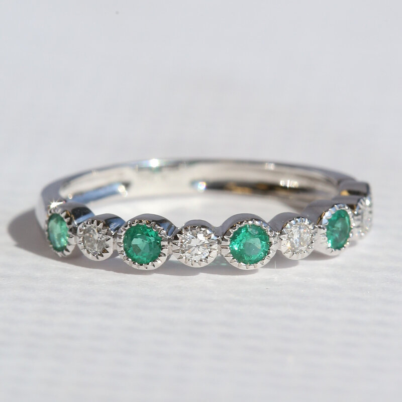 American Jewelry 14k White Gold .38ctw Emerald .11ctw Diamond Bezel Milgrain Wedding Band
