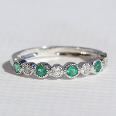 American Jewelry 14k White Gold .38ctw Emerald .11ctw Diamond Bezel Milgrain Wedding Band